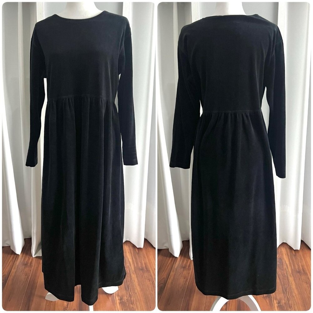 Vintage Erika & Co Black Velvet Velour Long Sleeve Flowy Maxi Dress Womens L